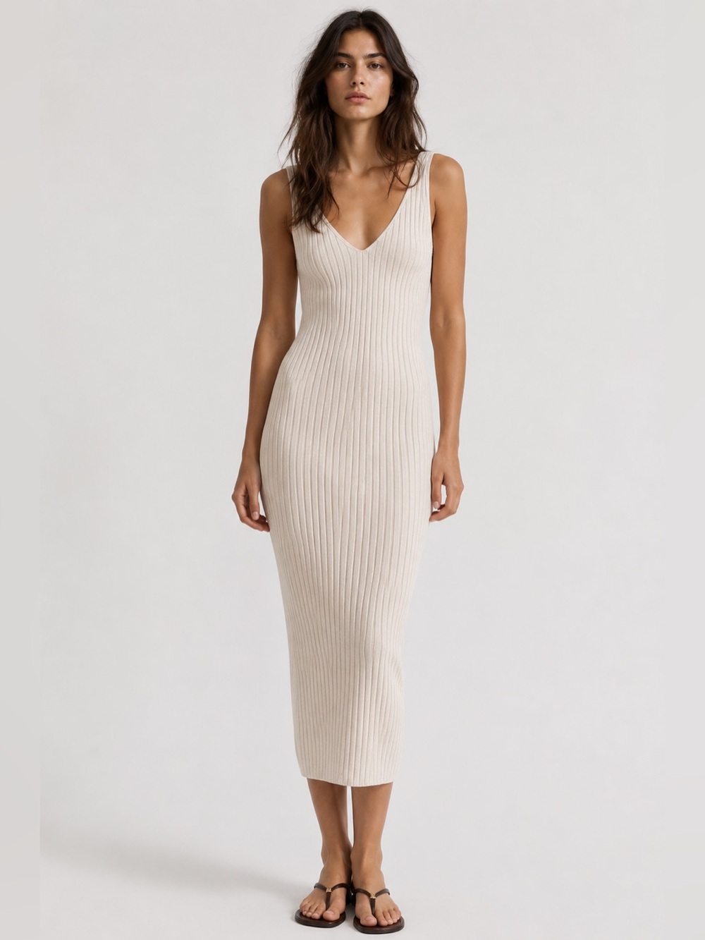 Zara Ribbed Knit Midi Dress Quiet Luxury material Beige Size Large